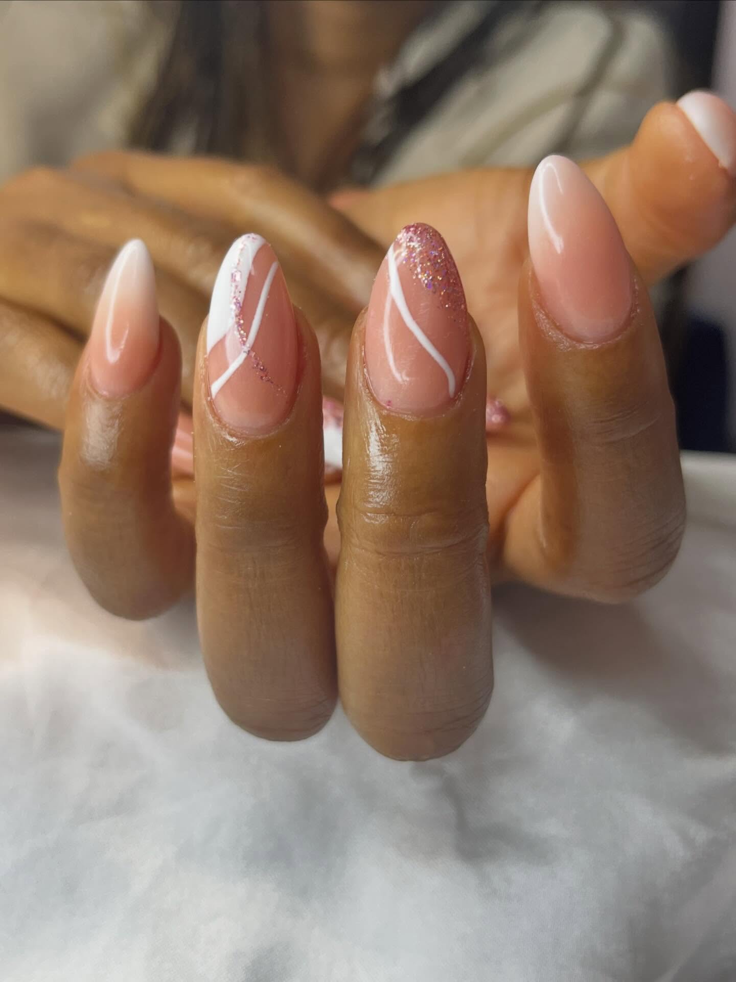 Pink glitter swirl almond nails