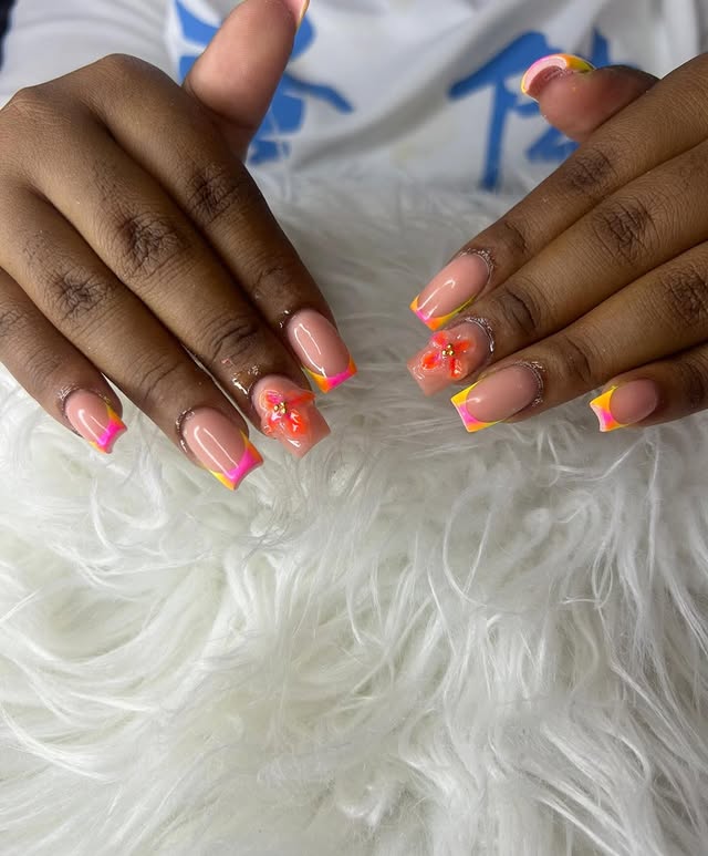 Colourful French tips with 3D flowers